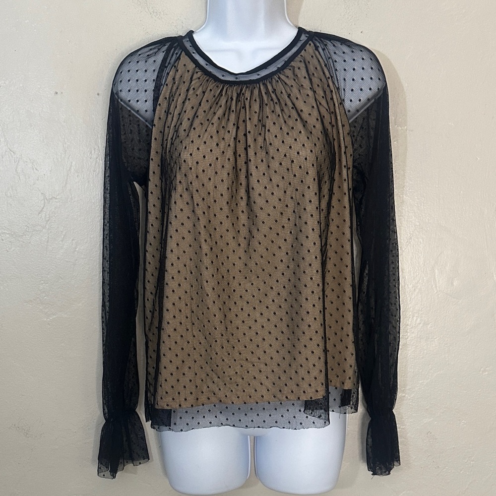 Zara Black and Tan Sheer Polka Dot Blouse